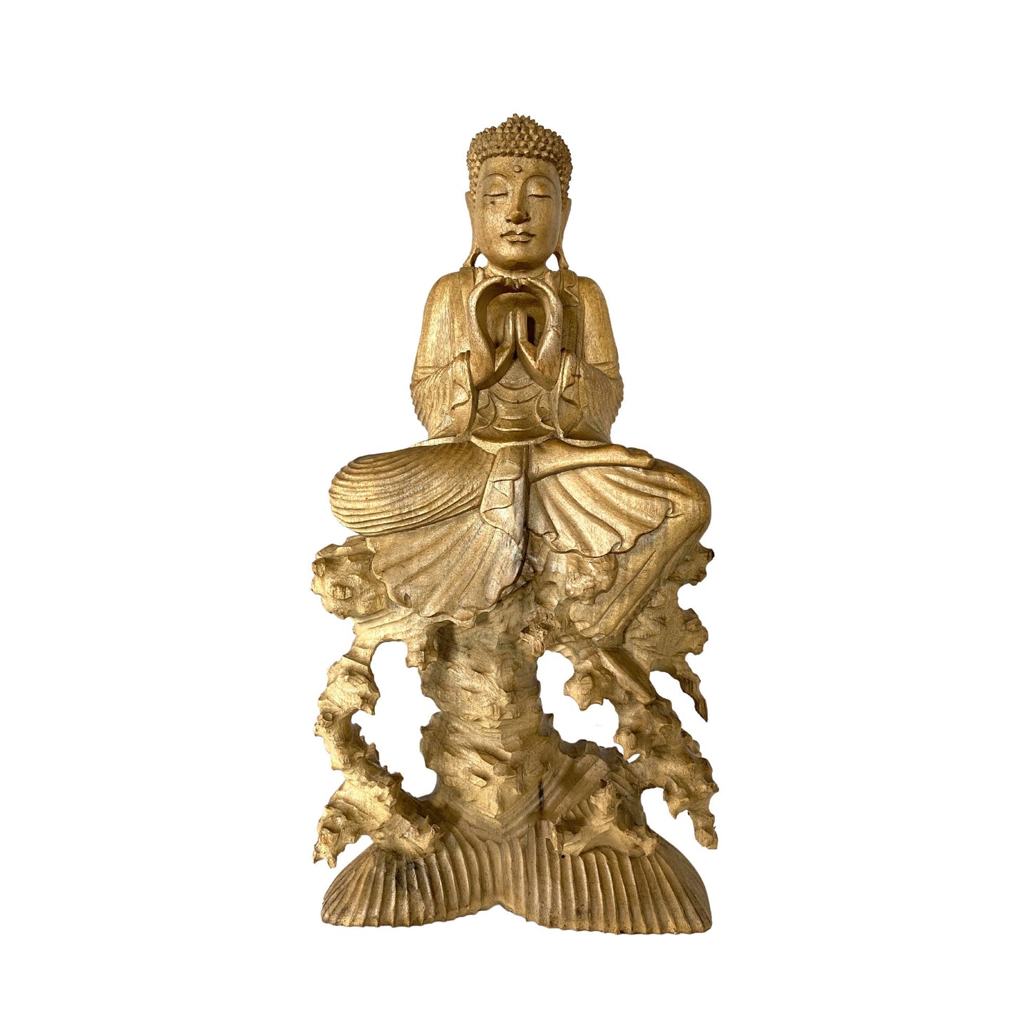 Hand Carved Wood Wishing Jewel Buddha Sculpture - Balinese Art Wood Carving Manidhari Mudra