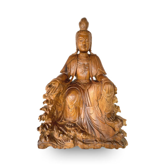 Seated Guanyin Sculpture Bodhisattva Goddess of Compassion Mercy Statue Hand Carved Wood Carving Asian Art Eclectic Decor