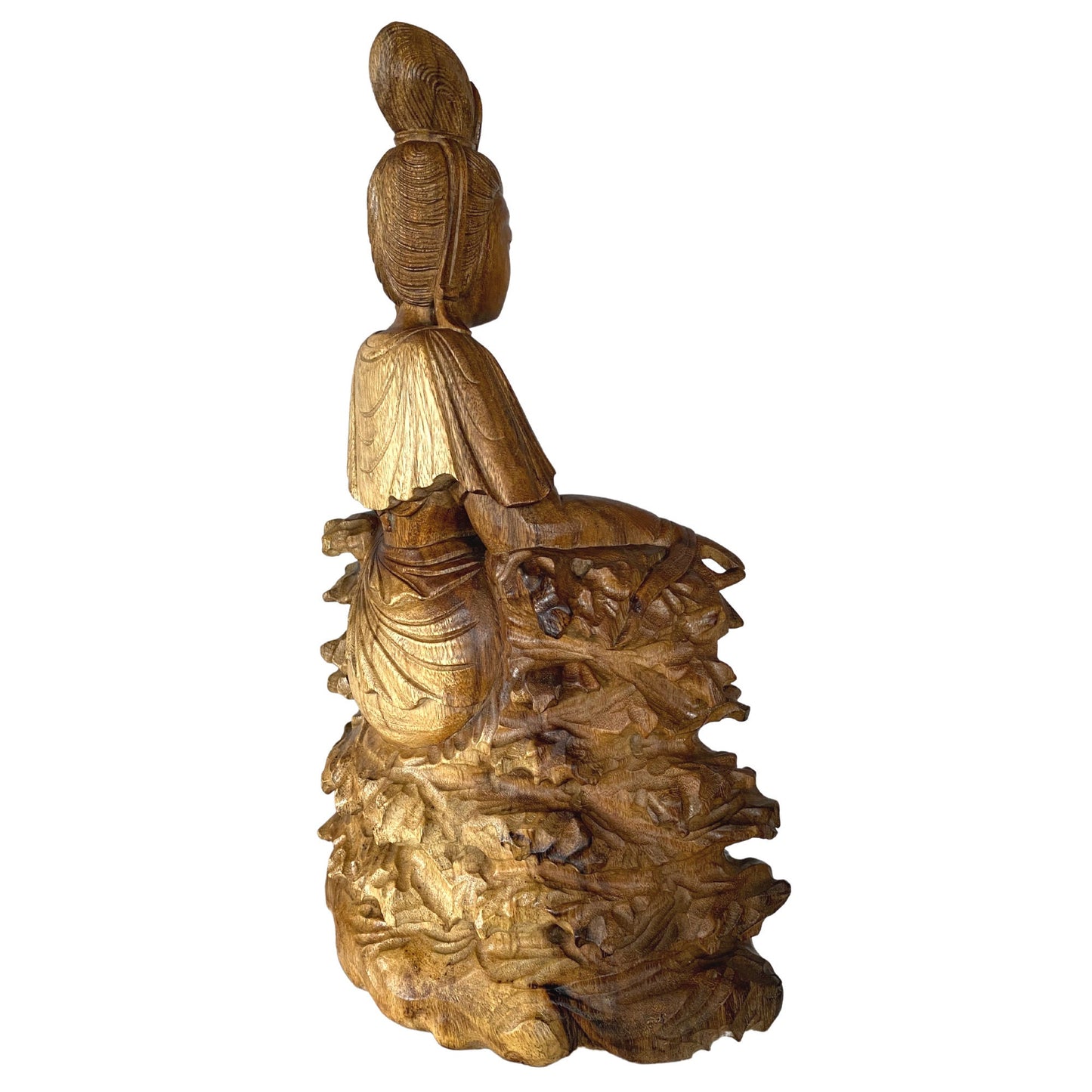 Seated Guanyin Sculpture Bodhisattva Goddess of Compassion Mercy Statue Hand Carved Wood Carving Asian Art Eclectic Decor