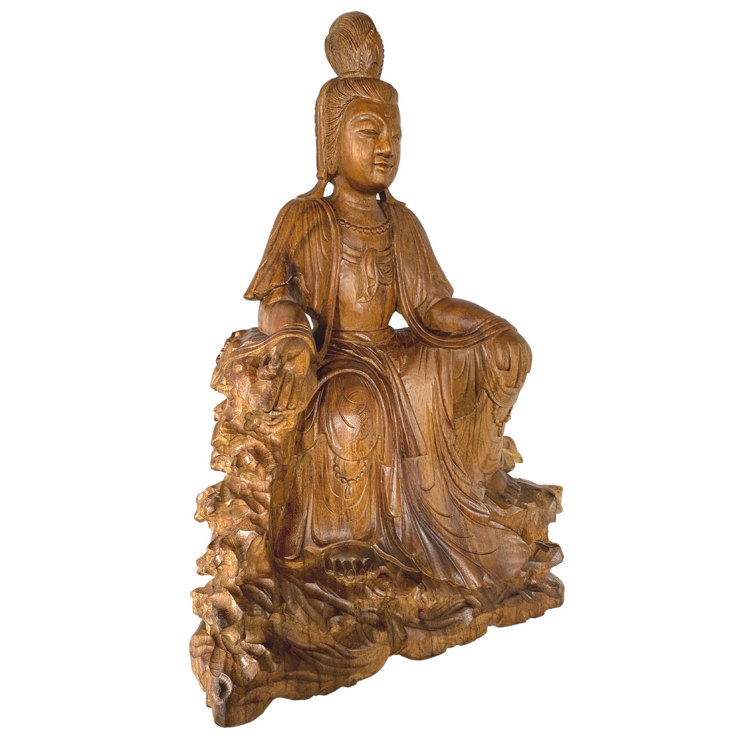 Seated Guanyin Sculpture Bodhisattva Goddess of Compassion Mercy Statue Hand Carved Wood Carving Asian Art Eclectic Decor