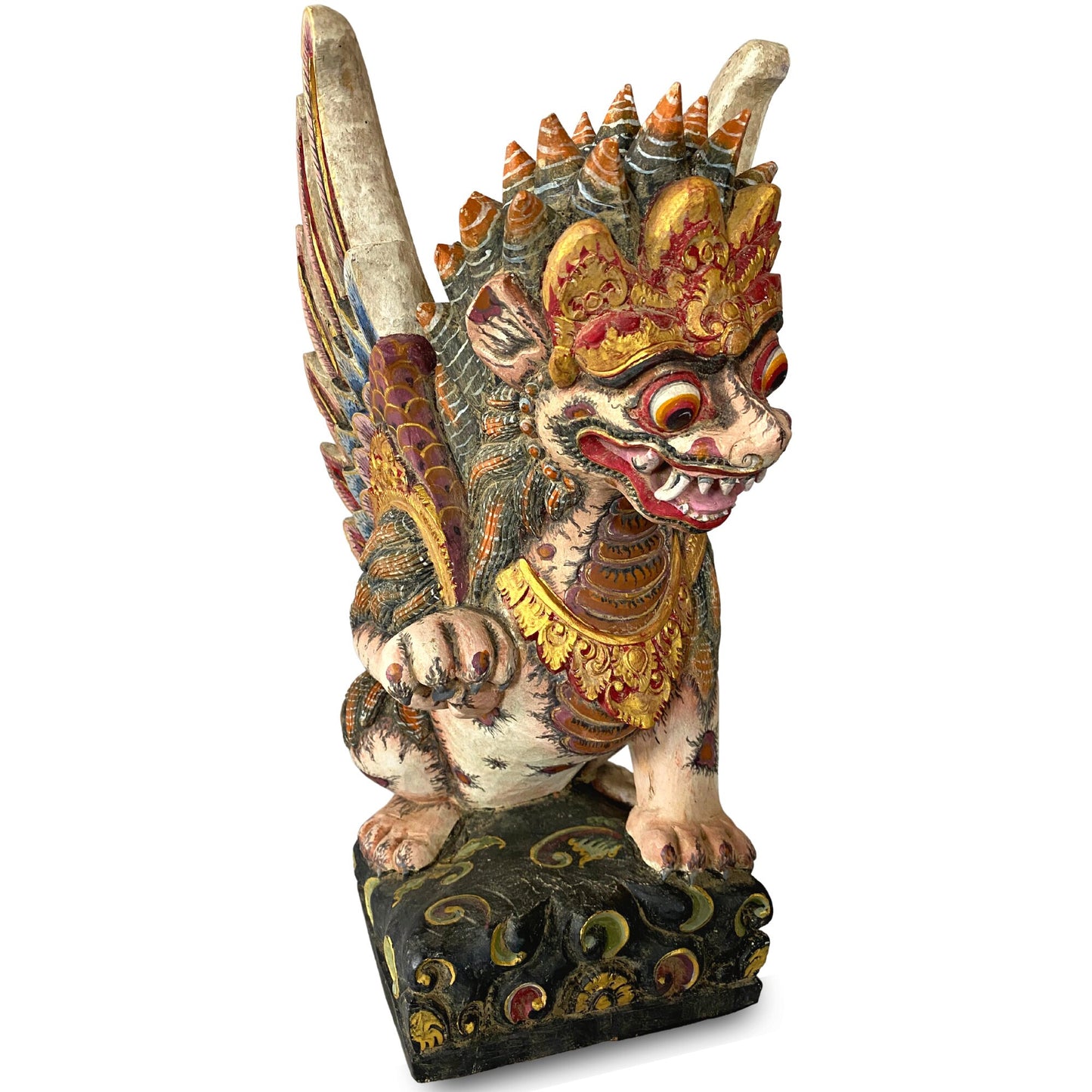 Balinese Singa Barong Winged Lion Statue: Hand Carved Polychrome Wood Sculpture