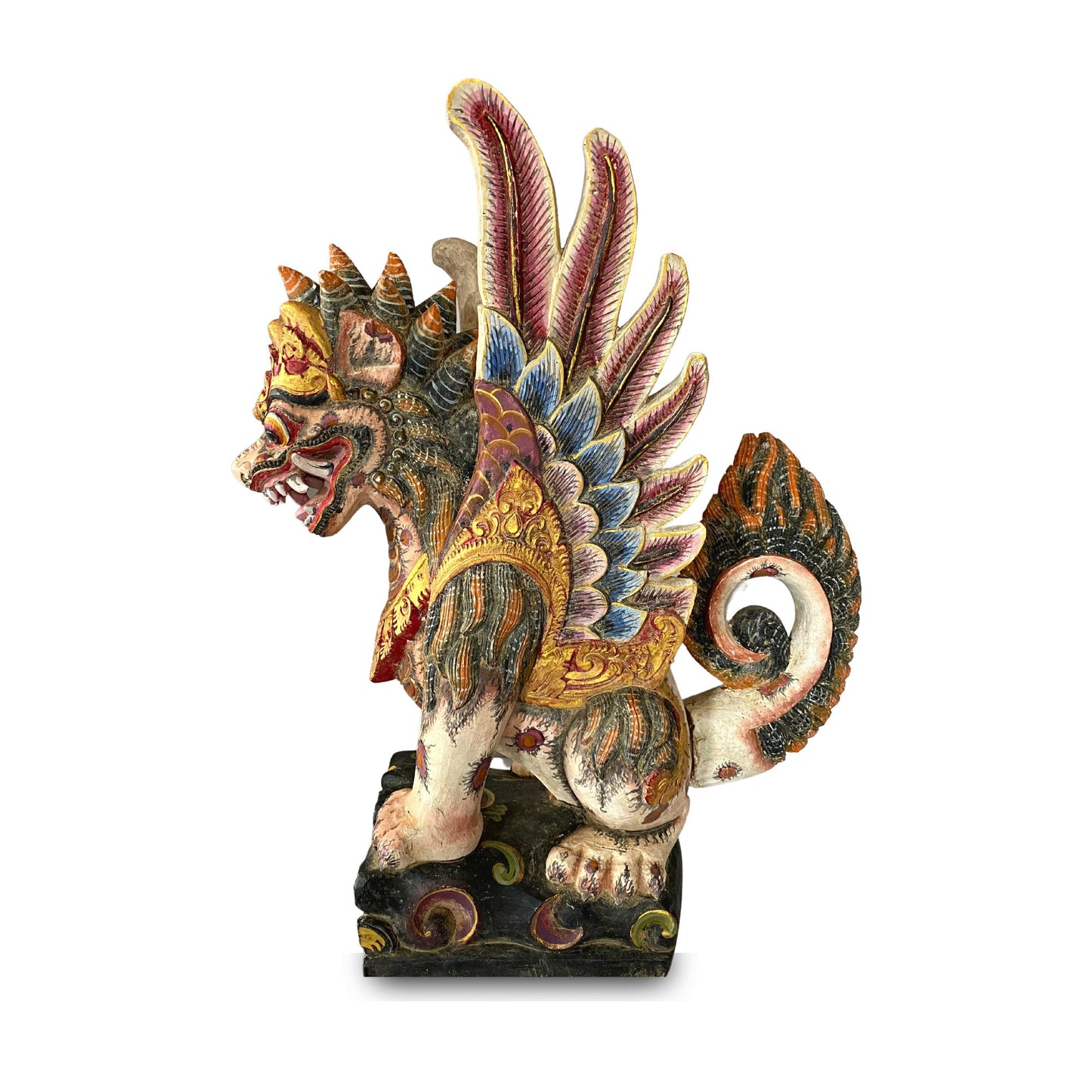 Balinese Singa Barong Winged Lion Statue: Hand Carved Polychrome Wood Sculpture
