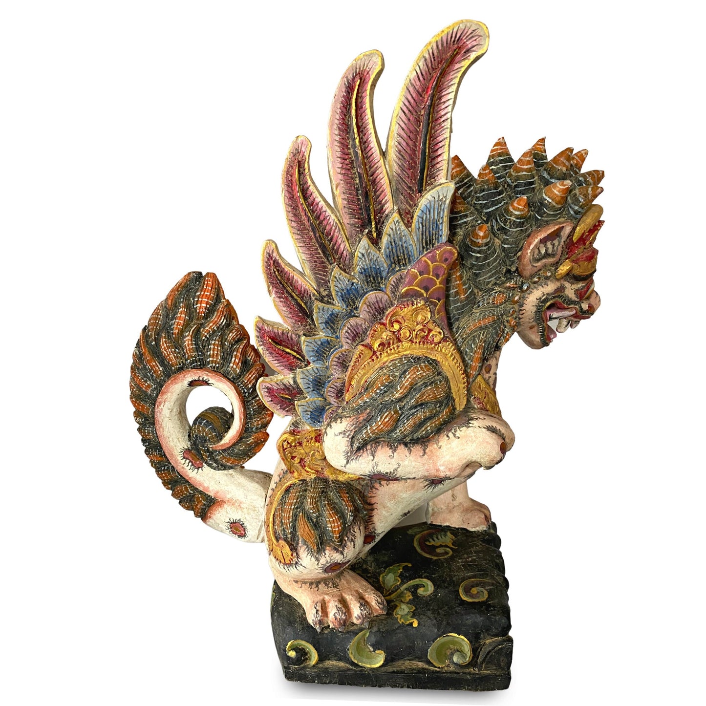 Balinese Singa Barong Winged Lion Statue: Hand Carved Polychrome Wood Sculpture
