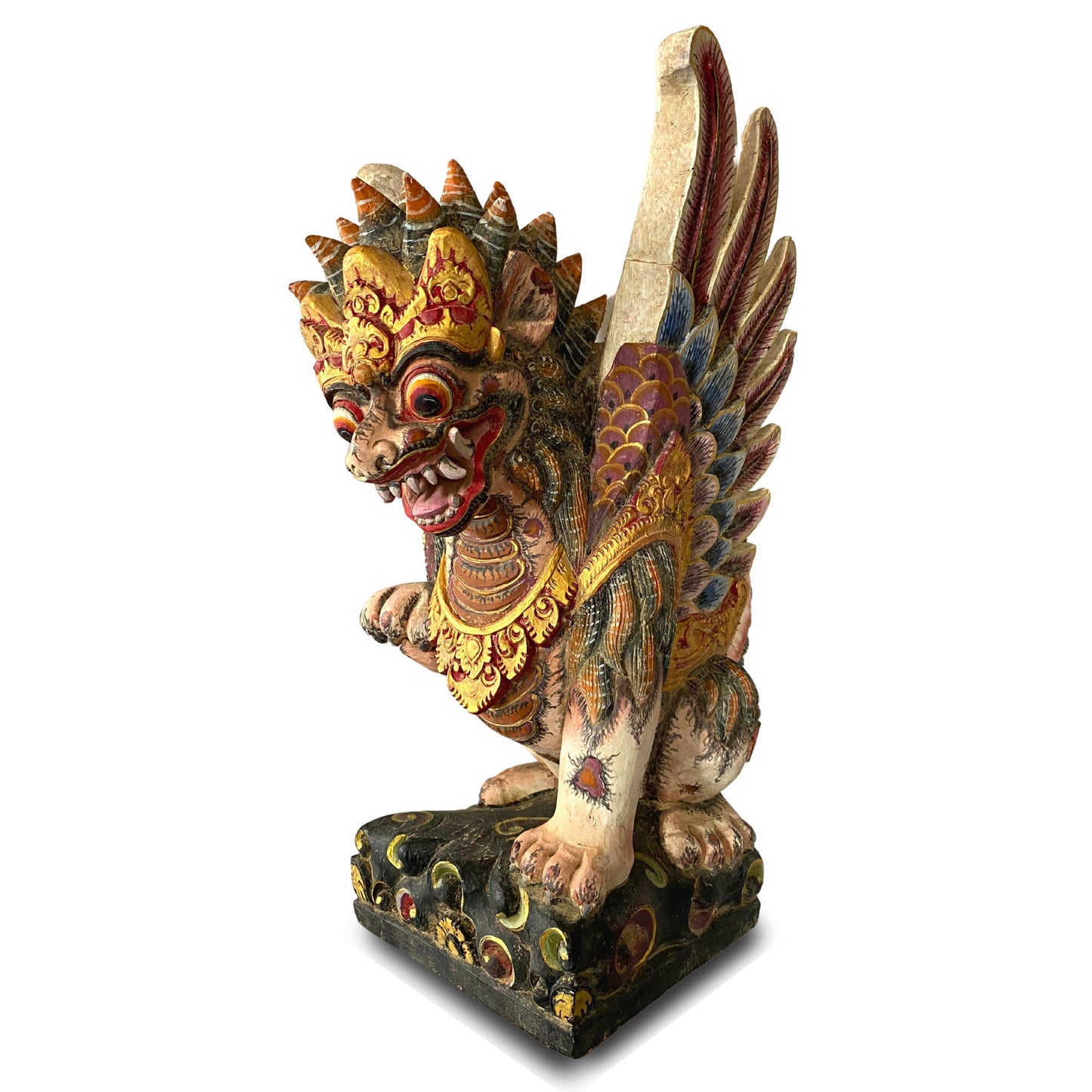 Balinese Singa Barong Winged Lion Statue: Hand Carved Polychrome Wood Sculpture