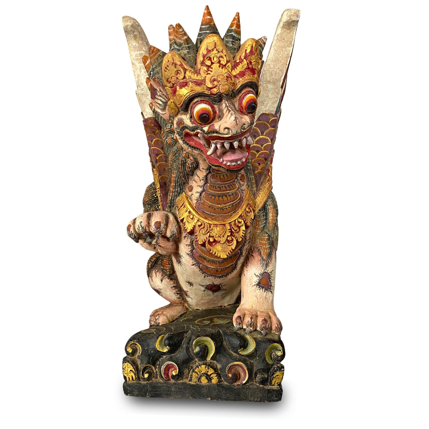 Balinese Singa Barong Winged Lion Statue: Hand Carved Polychrome Wood Sculpture