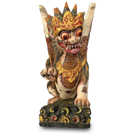 Balinese Singa Barong Winged Lion Paksi Temple Statue Polychrome hand Carved Wood Carving Sculpture Bali Folk Architectural Art singa-a