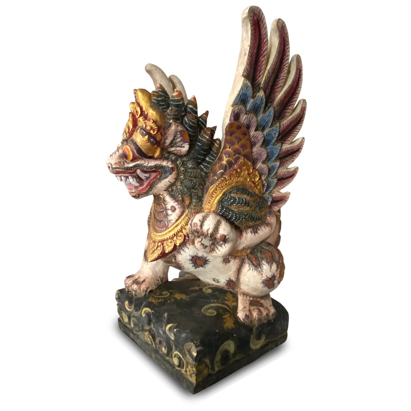 Balinese Singa Barong Winged Lion Statue: Hand Carved Polychrome Cempaka Wood Sculpture