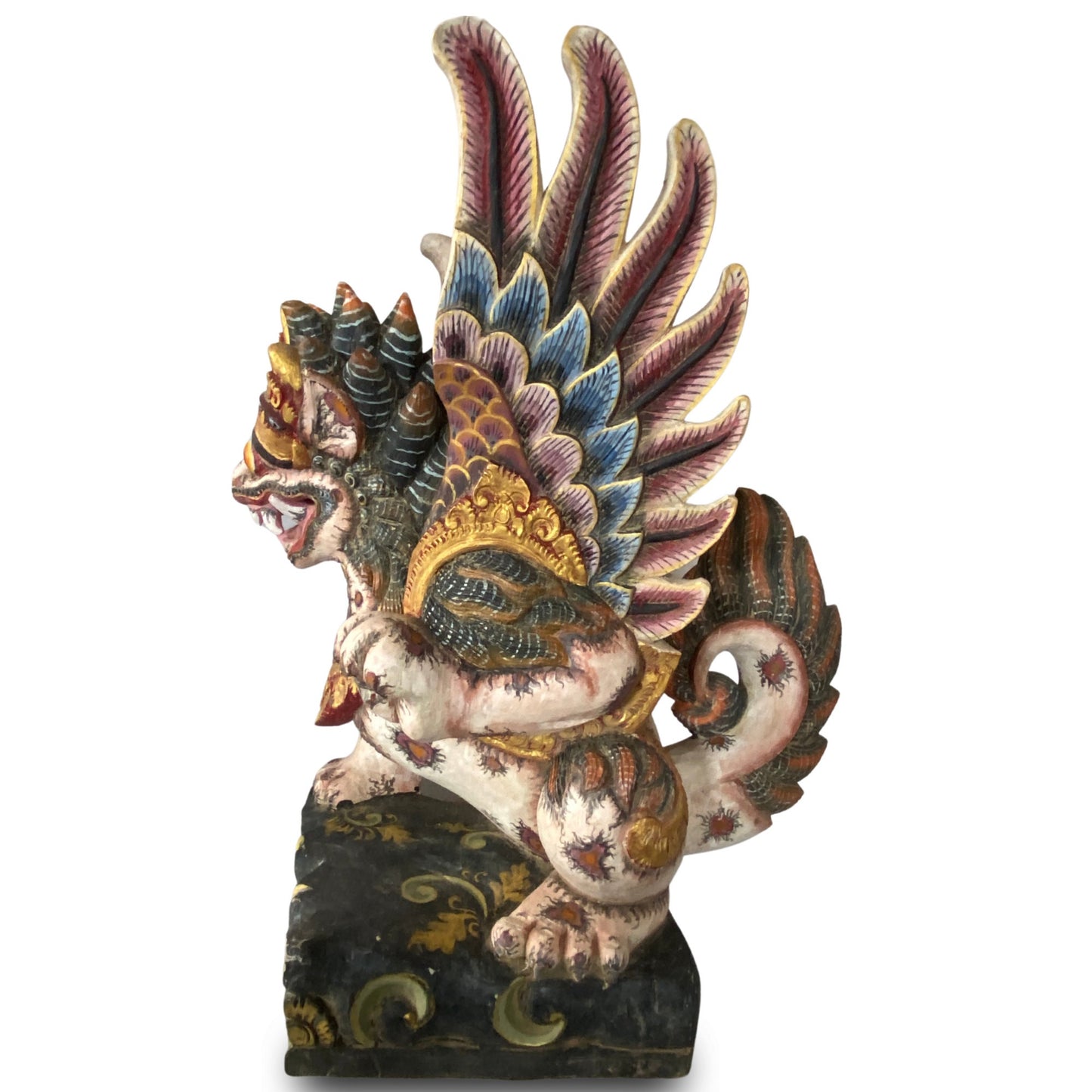 Balinese Singa Barong Winged Lion Statue: Hand Carved Polychrome Cempaka Wood Sculpture