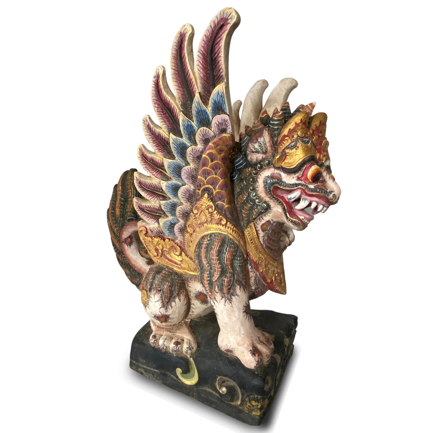 Balinese Singa Barong Winged Lion Statue: Hand Carved Polychrome Cempaka Wood Sculpture