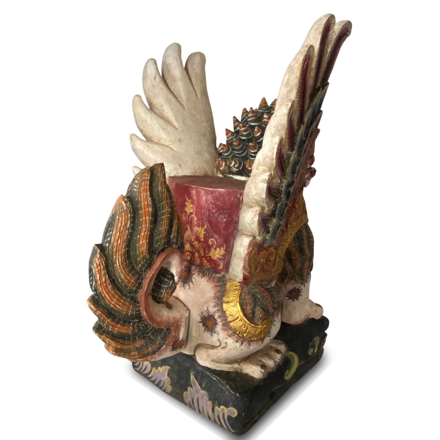 Balinese Singa Barong Winged Lion Statue: Hand Carved Polychrome Cempaka Wood Sculpture