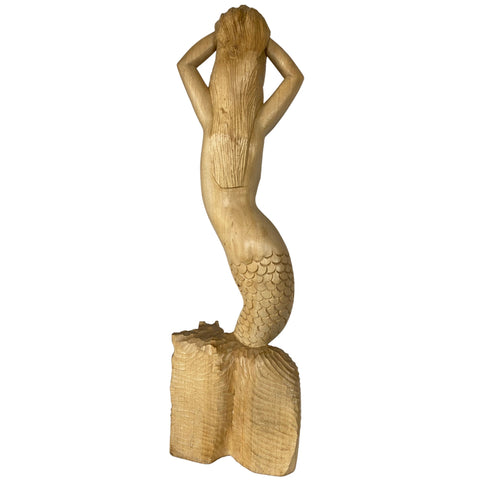 Mermaid Siren Sea Maid Sculpture Hand Carved Wood Carving Statue Hand Carved Balinese Art Boho Nautical Decor