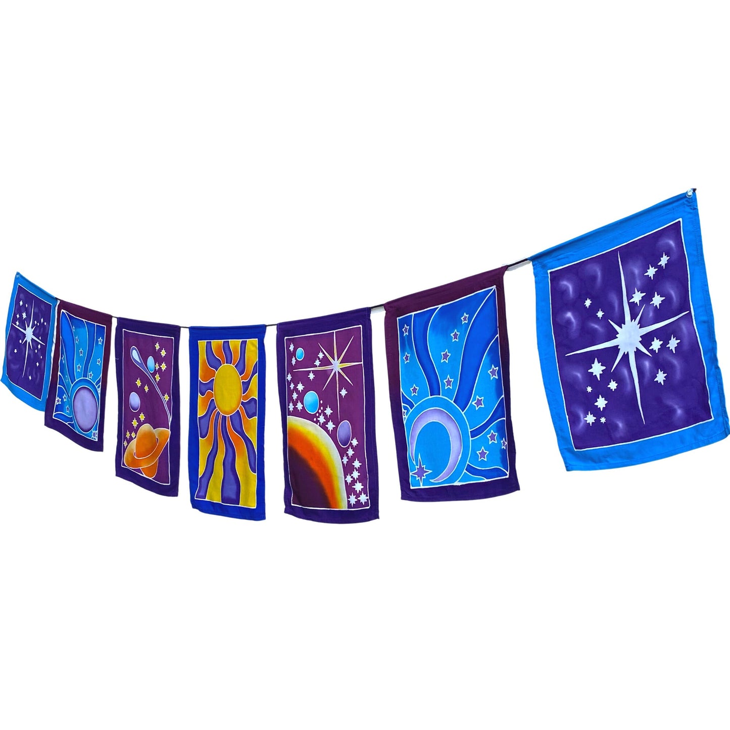 Celestial Sun Moon Star Planet Prayer Flag wall hanging String Bali Handmade Batik art Boho Garden Decor Balinese Art