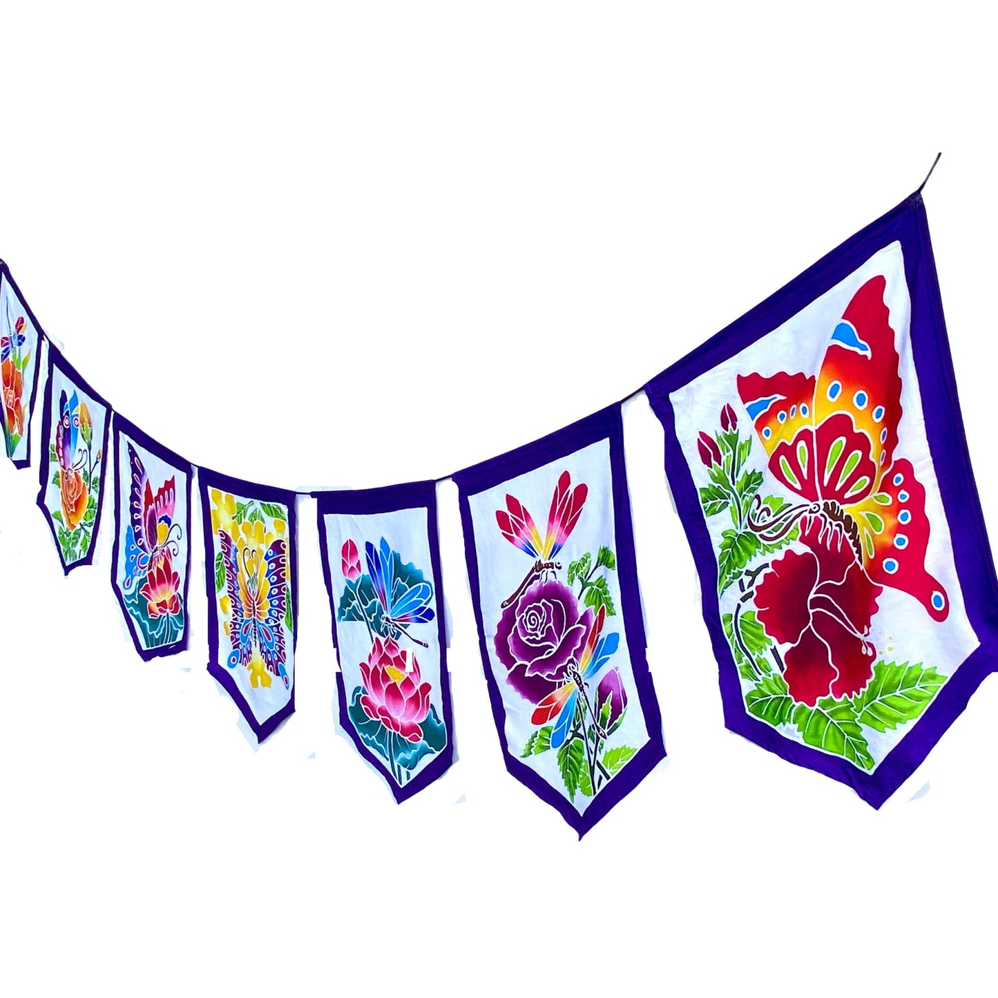 Balinese Batik Prayer Flag: Butterfly, Dragonfly & Floral Wall Hanging, Garden Art