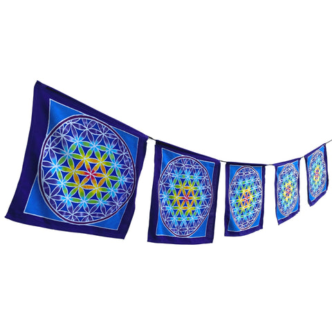 Prayer Flag Flower of life Mandala Sacred Geometry Wall hanging Balinese Hand Painted Batik Art Boho Decor