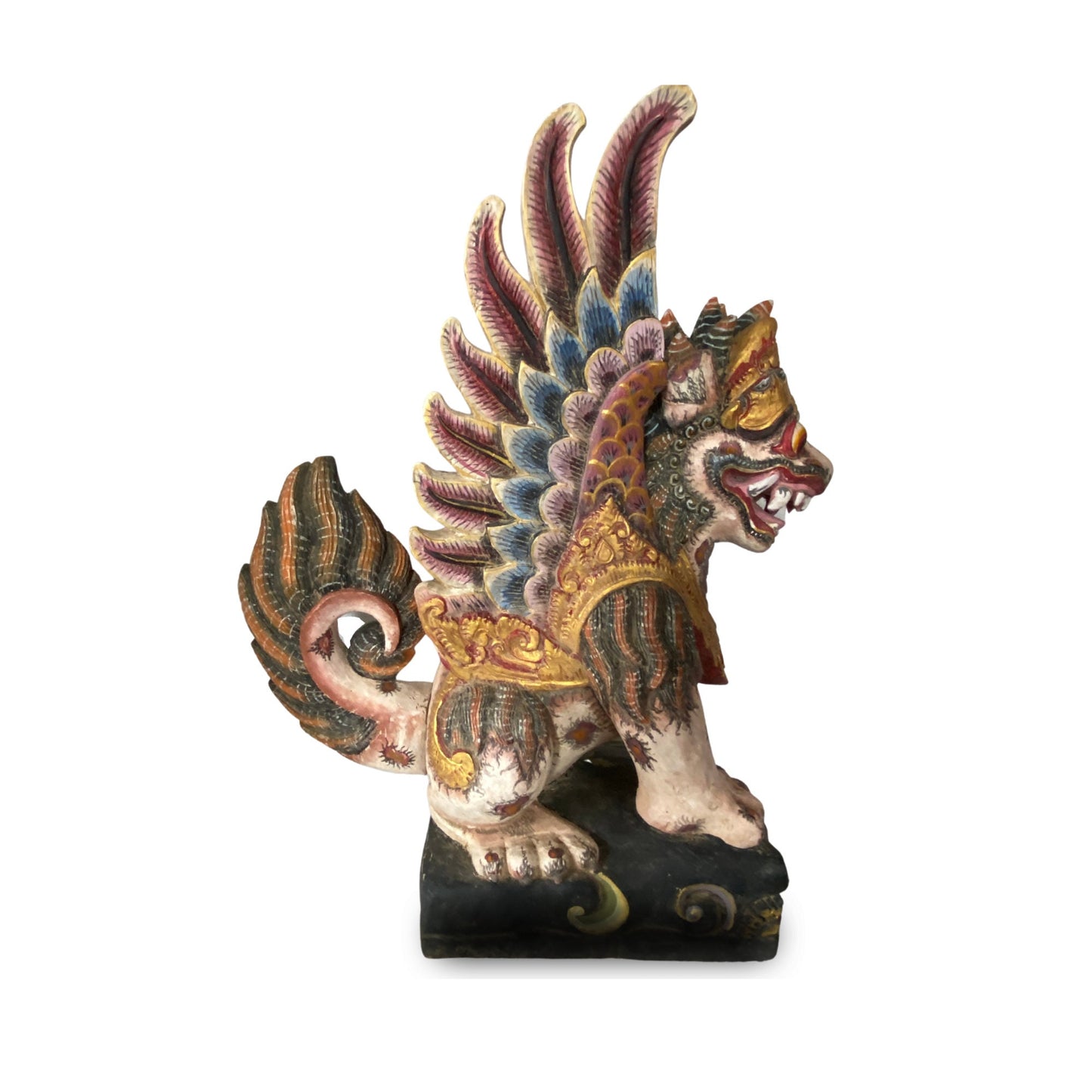 Balinese Singa Barong Winged Lion Statue: Hand Carved Polychrome Cempaka Wood Sculpture