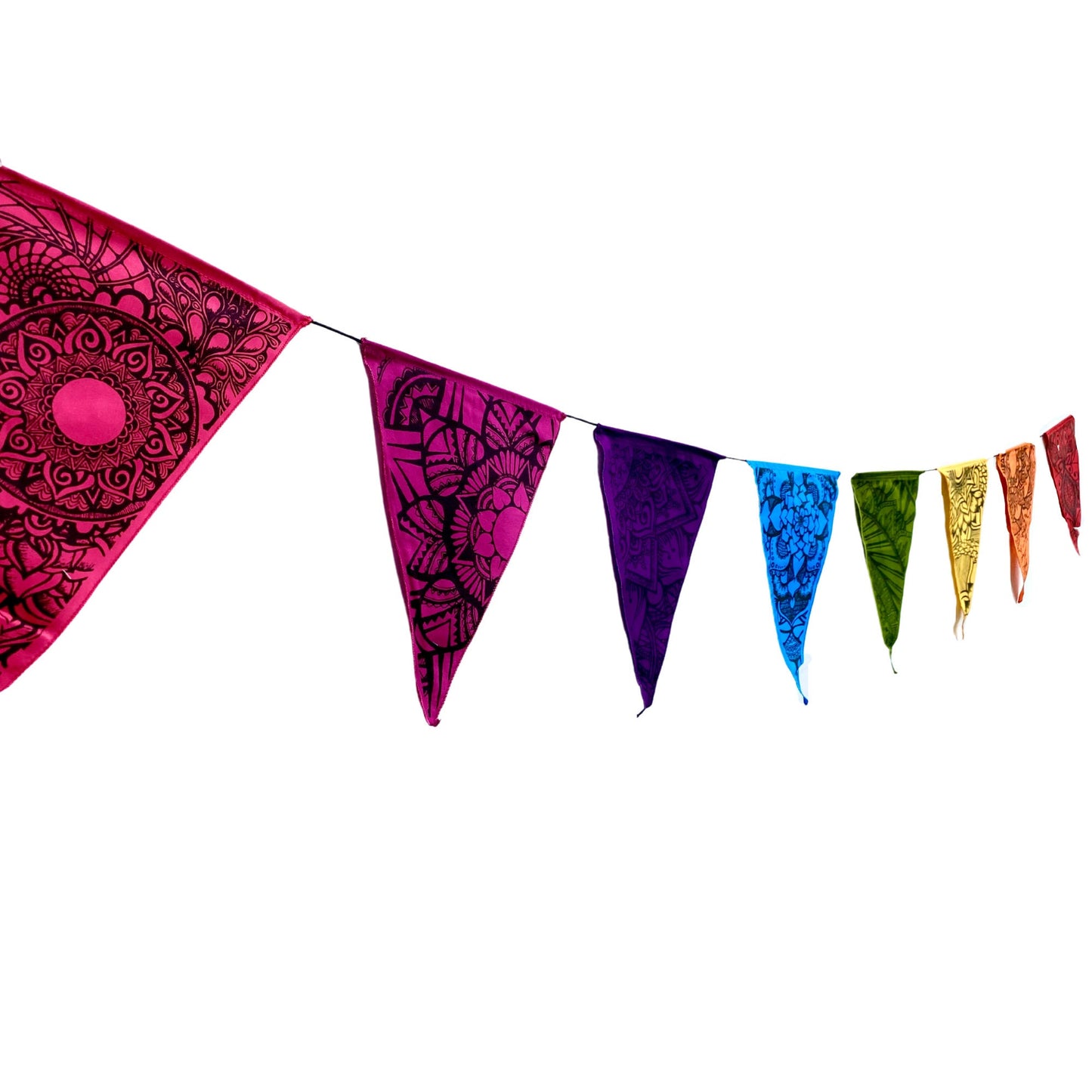 Lotus Mandala Rainbow Prayer Flag Set, Hand Printed Boho Wedding Decor, Garden Art