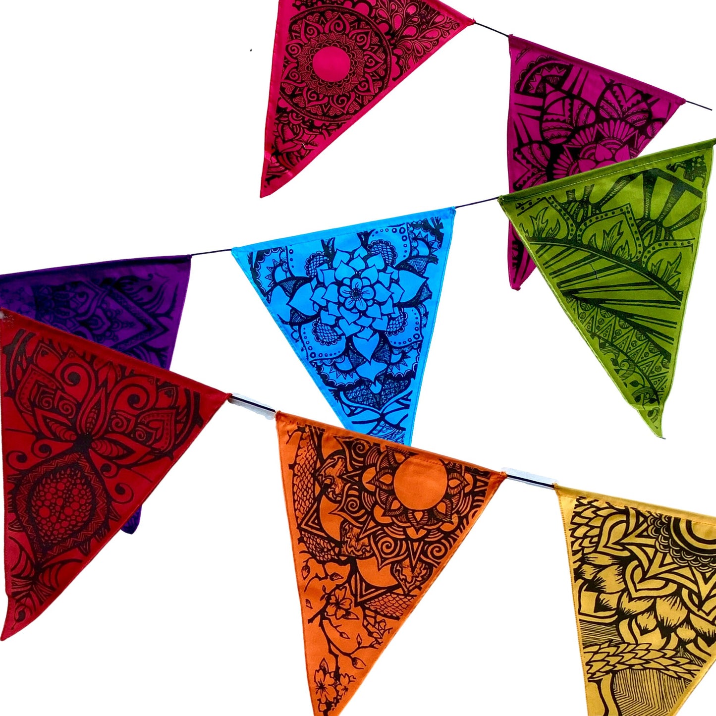 Lotus Mandala Rainbow Prayer Flag Set, Hand Printed Boho Wedding Decor, Garden Art