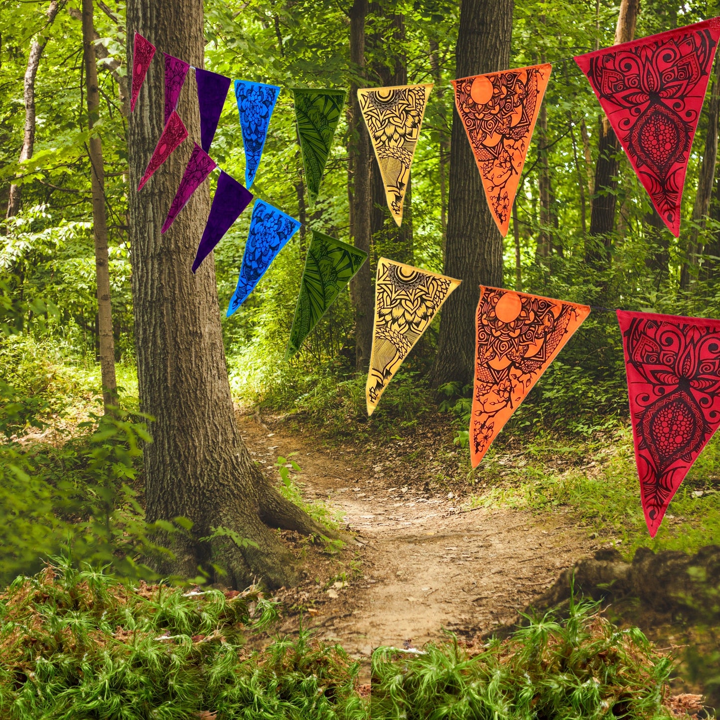 Lotus Mandala Rainbow Prayer Flag Set, Hand Printed Boho Wedding Decor, Garden Art
