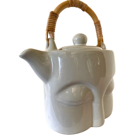 Wise Buddha Eyes Teapot Tea Pot Handmade Ceramic White Glazed Pottery Bali Art Tea Ceremony Eclectic Decor