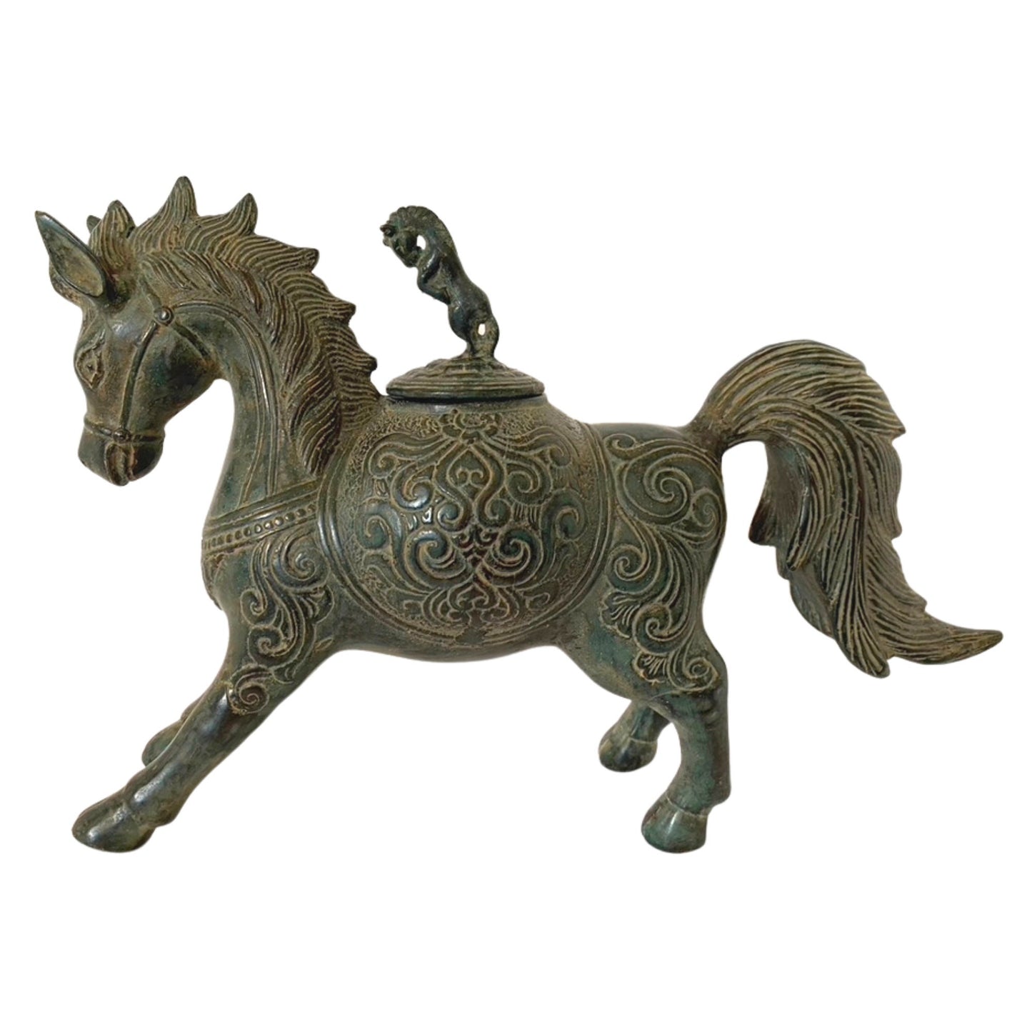 Tribal Horse Betel Nut Lime Medicine Container stash Box Vintage Sumatran Verdigris Patina Bronze Indonesian Folk Art