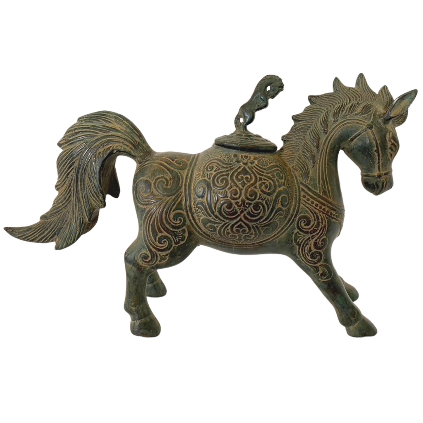 Tribal Horse Betel Nut Lime Medicine Container stash Box Vintage Sumatran Verdigris Patina Bronze Indonesian Folk Art