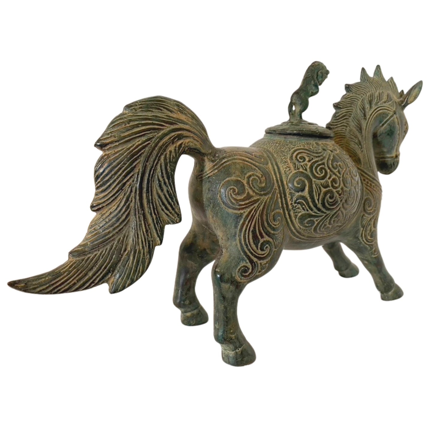 Tribal Horse Betel Nut Lime Medicine Container stash Box Vintage Sumatran Verdigris Patina Bronze Indonesian Folk Art