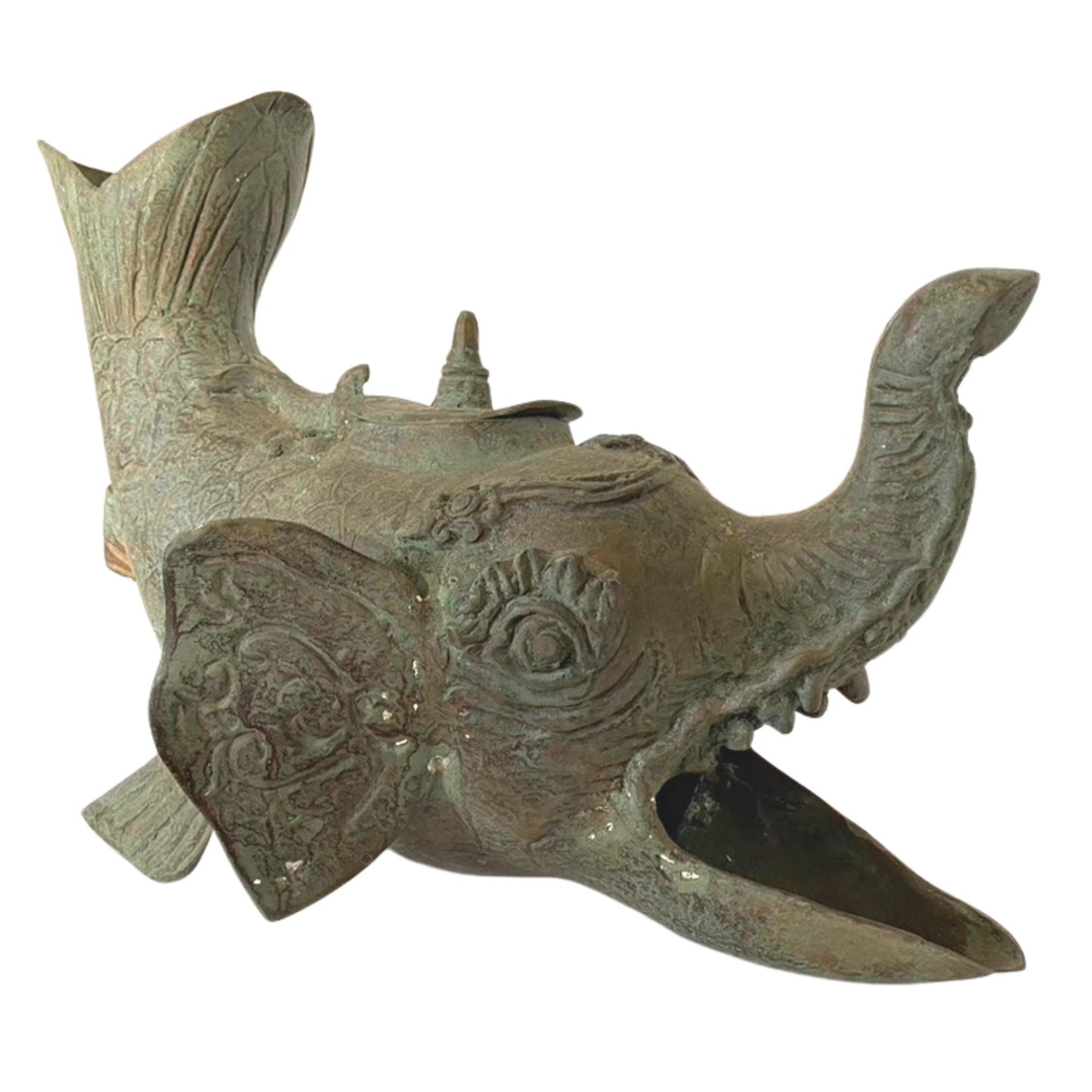Gajah Mina Elephant Fish Vintage Oil Lamp Sculpture Artifact Mekara Chimera Verdigris Patina Bronze Indonesian Balinese Folk Art