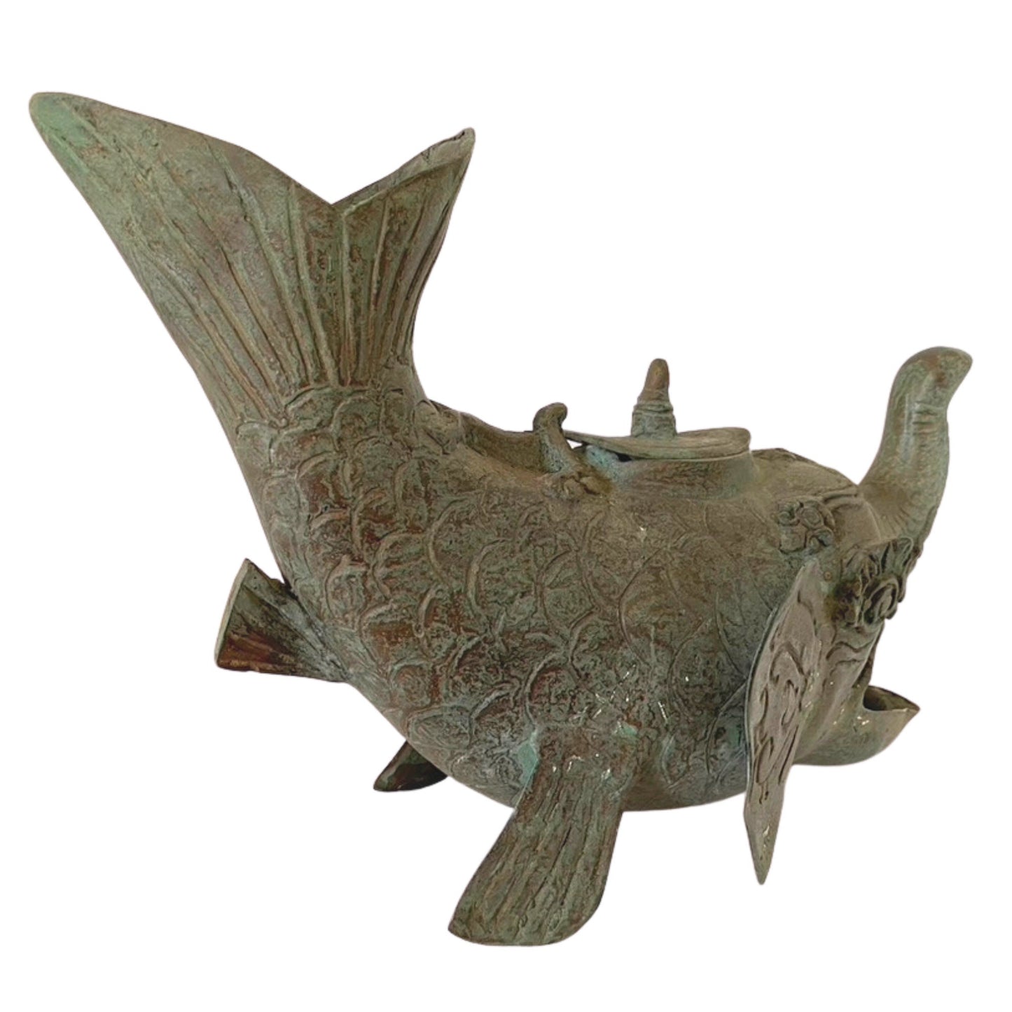 Gajah Mina Elephant Fish Vintage Oil Lamp Sculpture Artifact Mekara Chimera Verdigris Patina Bronze Indonesian Balinese Folk Art