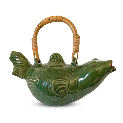 Asian Koi Fish Ceramic Teapot Pottery Stoneware Celadon Green handmade Bali Art Tea Ceremony Eclectic Boho Decor