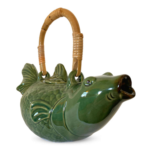 Asian Koi Fish Ceramic Teapot Pottery Stoneware Celadon Green handmade Bali Art Tea Ceremony Eclectic Boho Decor