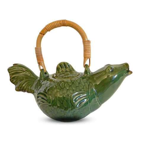 Asian Koi Fish Ceramic Teapot Pottery Stoneware Celadon Green handmade Bali Art Tea Ceremony Eclectic Boho Decor