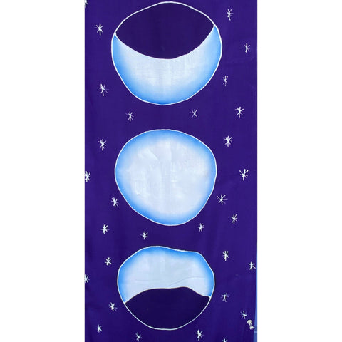 Lunar Moon Phase Wall hanging Banner Handmade Bali Blue Hand drawn Batik Fabric Boho Eclectic Home Decor Celestial Art