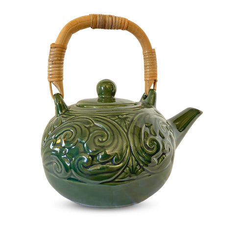 Balinese Floral Embossed  Ceramic Teapot Pottery Stoneware Celadon Green handmade Bali Art Tea Ceremony Eclectic Boho Decor