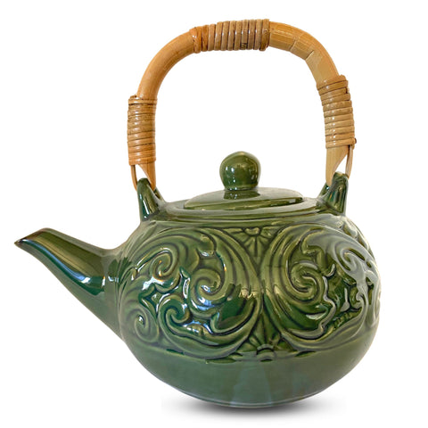 Balinese Floral Embossed  Ceramic Teapot Pottery Stoneware Celadon Green handmade Bali Art Tea Ceremony Eclectic Boho Decor