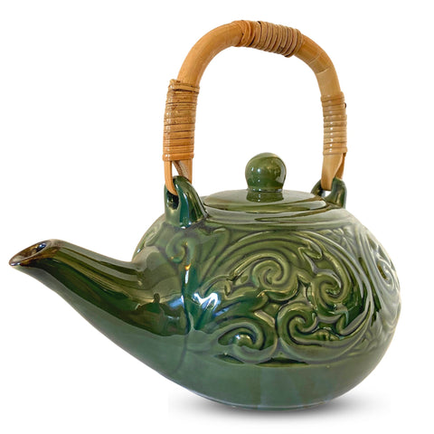 Balinese Floral Embossed  Ceramic Teapot Pottery Stoneware Celadon Green handmade Bali Art Tea Ceremony Eclectic Boho Decor