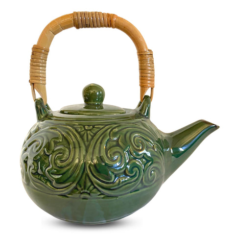 Balinese Floral Embossed  Ceramic Teapot Pottery Stoneware Celadon Green handmade Bali Art Tea Ceremony Eclectic Boho Decor