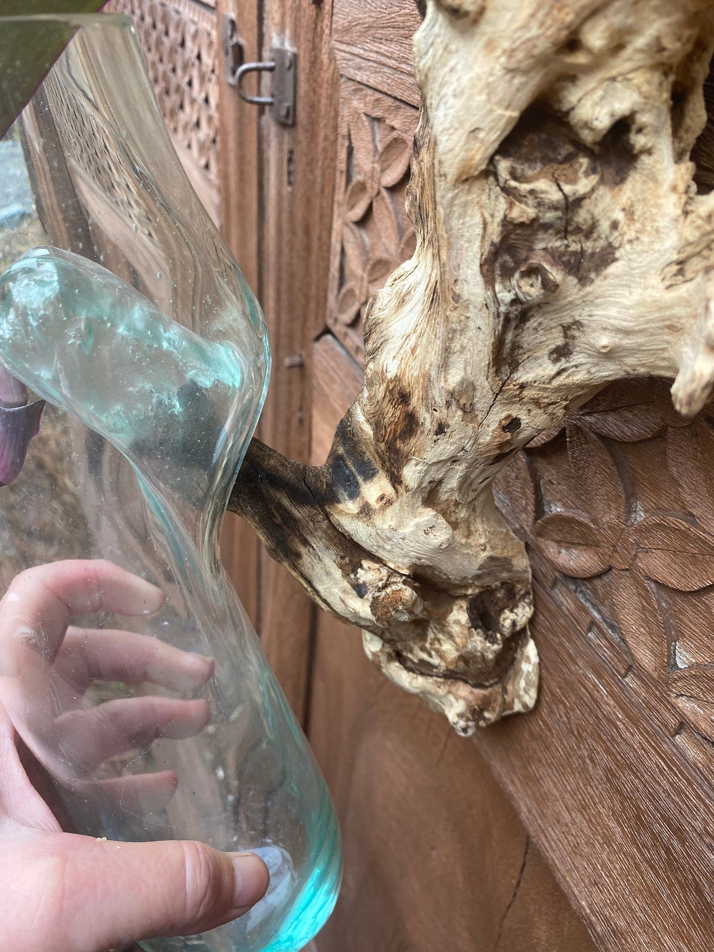 Hand Blown Glass hydroponics Propagation Vase: Teak Wood Base, Balinese Art