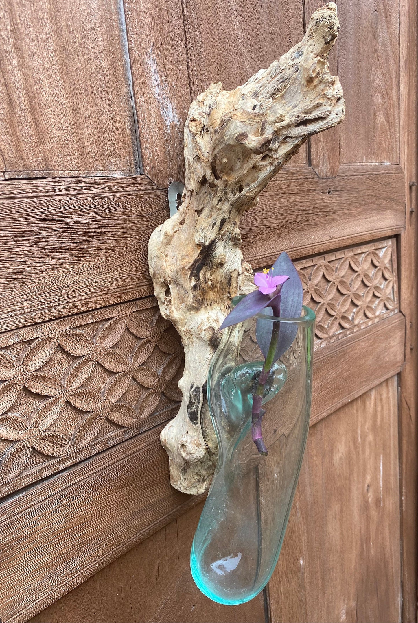 Hand Blown Glass hydroponics Propagation Vase: Teak Wood Base, Balinese Art