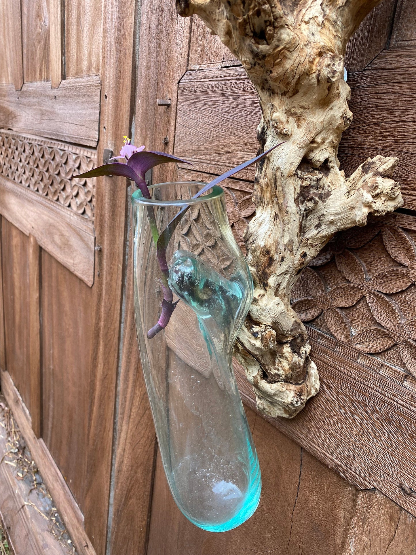 Hand Blown Glass hydroponics Propagation Vase: Teak Wood Base, Balinese Art