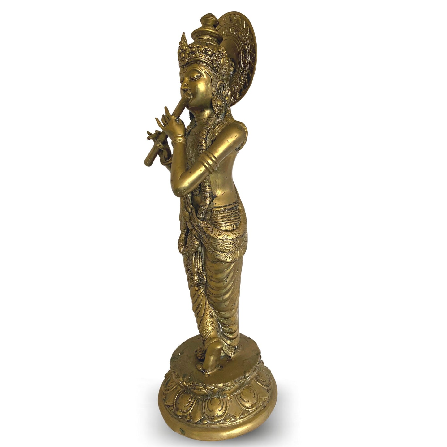 Lord Krishna Bronze Statue Playing Flute Padma lost wax cast Bronze Metal sculpture Oxidized Patina Handmade Balinese Hindu Art Hinduism 23&quot;