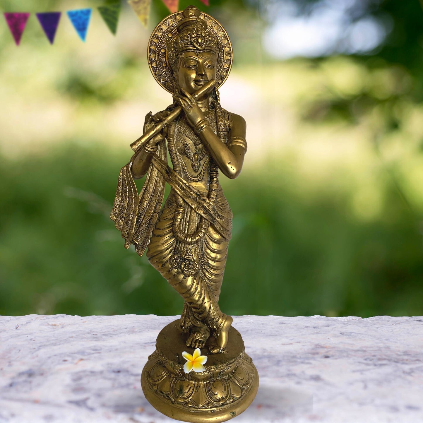 Lord Krishna Bronze Statue Playing Flute Padma lost wax cast Bronze Metal sculpture Oxidized Patina Handmade Balinese Hindu Art Hinduism 23&quot;