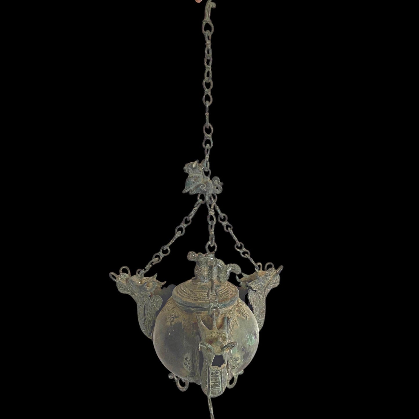 Vintage Bronze Triple Dragon Oil Lamp: Balinese Temple Art, Verdigris Patina Lantern