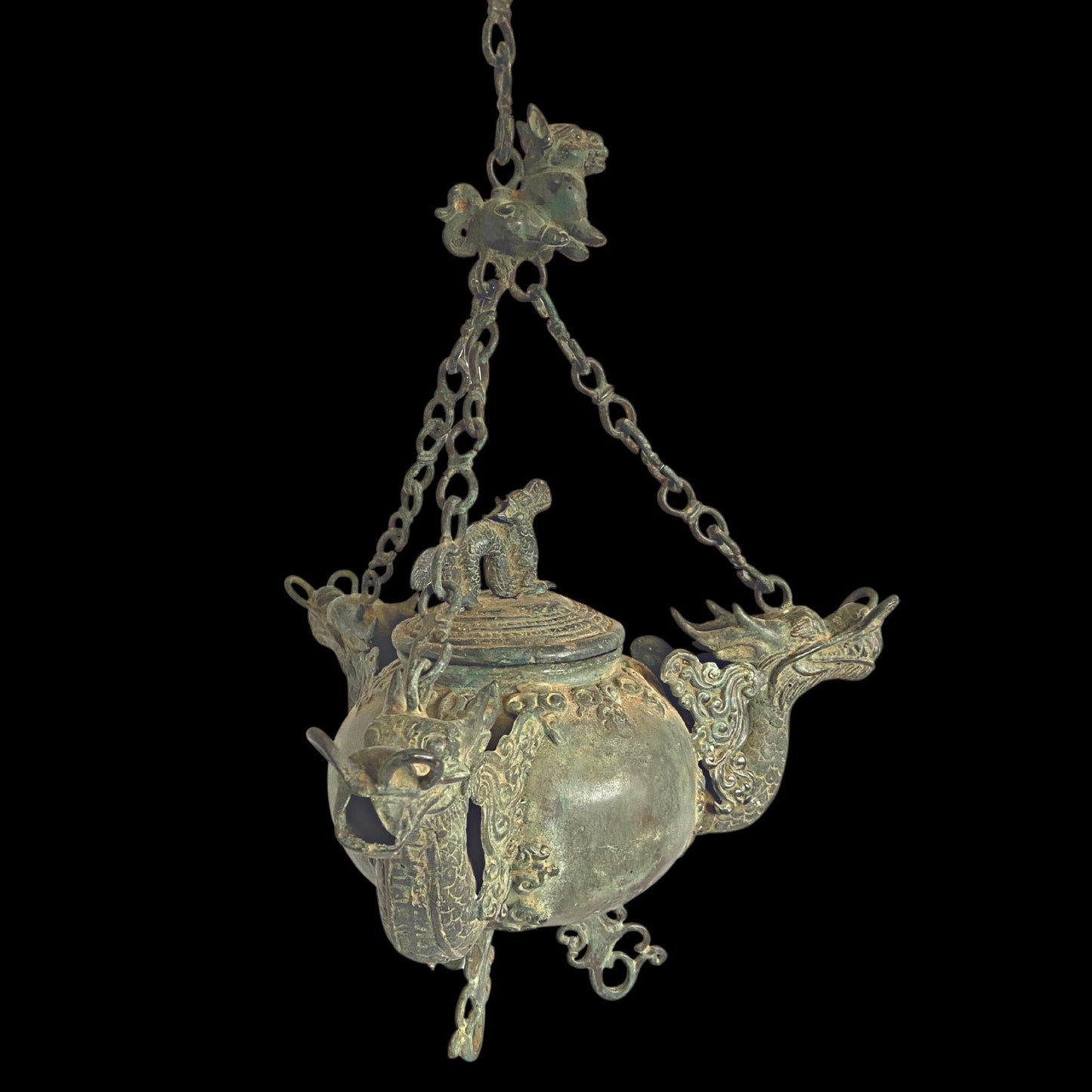 Vintage Bronze Triple Dragon Oil Lamp: Balinese Temple Art, Verdigris Patina Lantern