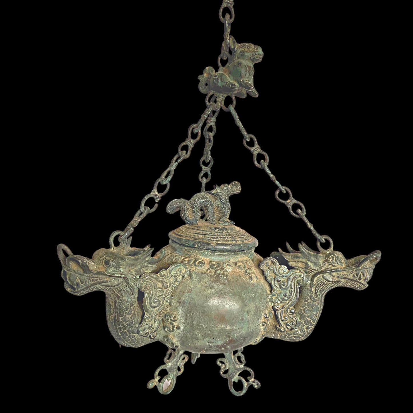 Vintage Bronze Triple Dragon Oil Lamp: Balinese Temple Art, Verdigris Patina Lantern