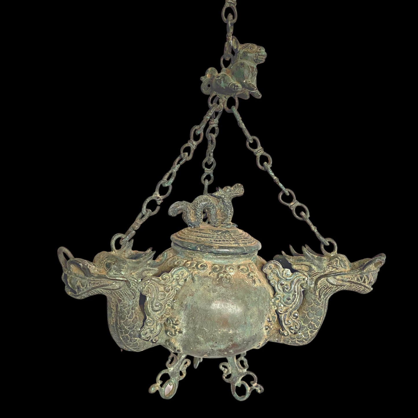 Vintage Bronze Triple Dragon Oil Lamp: Balinese Temple Art, Verdigris Patina Lantern