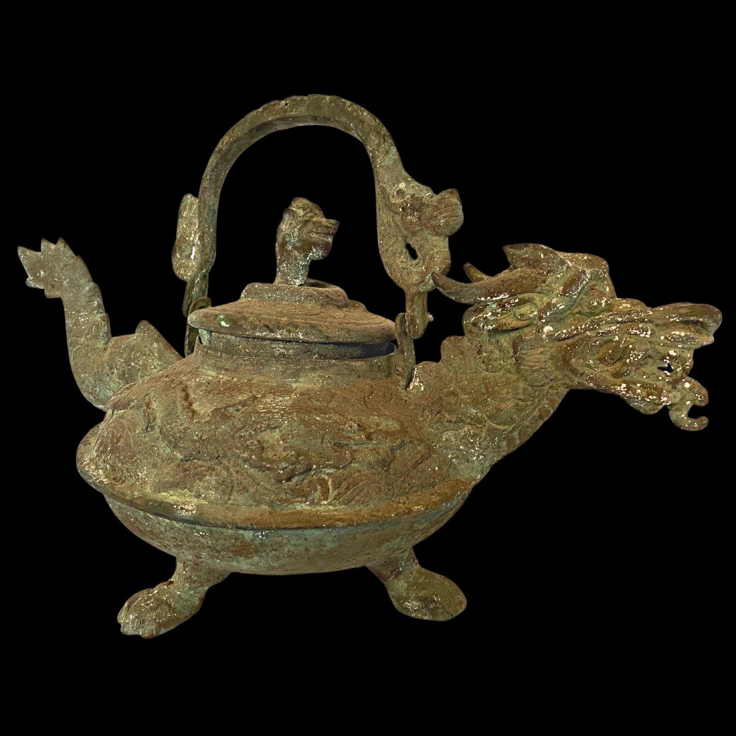 Vintage Dragon Water Pot Naga teapot Statue Verdigris Bronze Lost Wax Cast Metal Indonesian Temple Art Balinese Folk Art