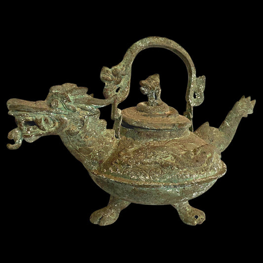 Vintage Dragon Water Pot Naga teapot Statue Verdigris Bronze Lost Wax Cast Metal Indonesian Temple Art Balinese Folk Art