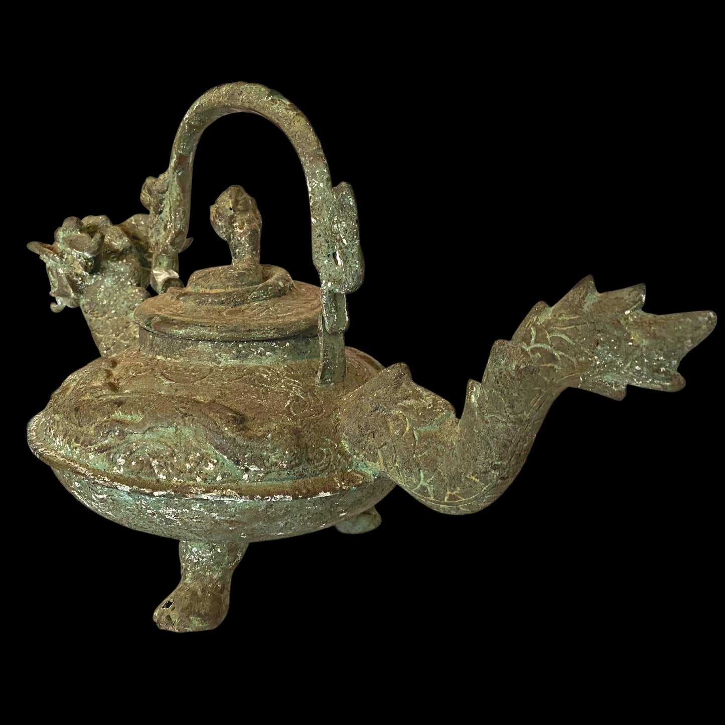 Vintage Dragon Water Pot Naga teapot Statue Verdigris Bronze Lost Wax Cast Metal Indonesian Temple Art Balinese Folk Art