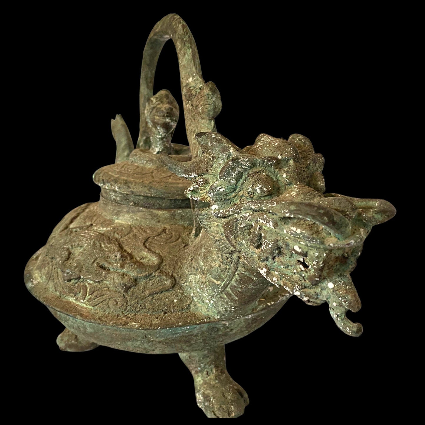 Vintage Dragon Water Pot Naga teapot Statue Verdigris Bronze Lost Wax Cast Metal Indonesian Temple Art Balinese Folk Art
