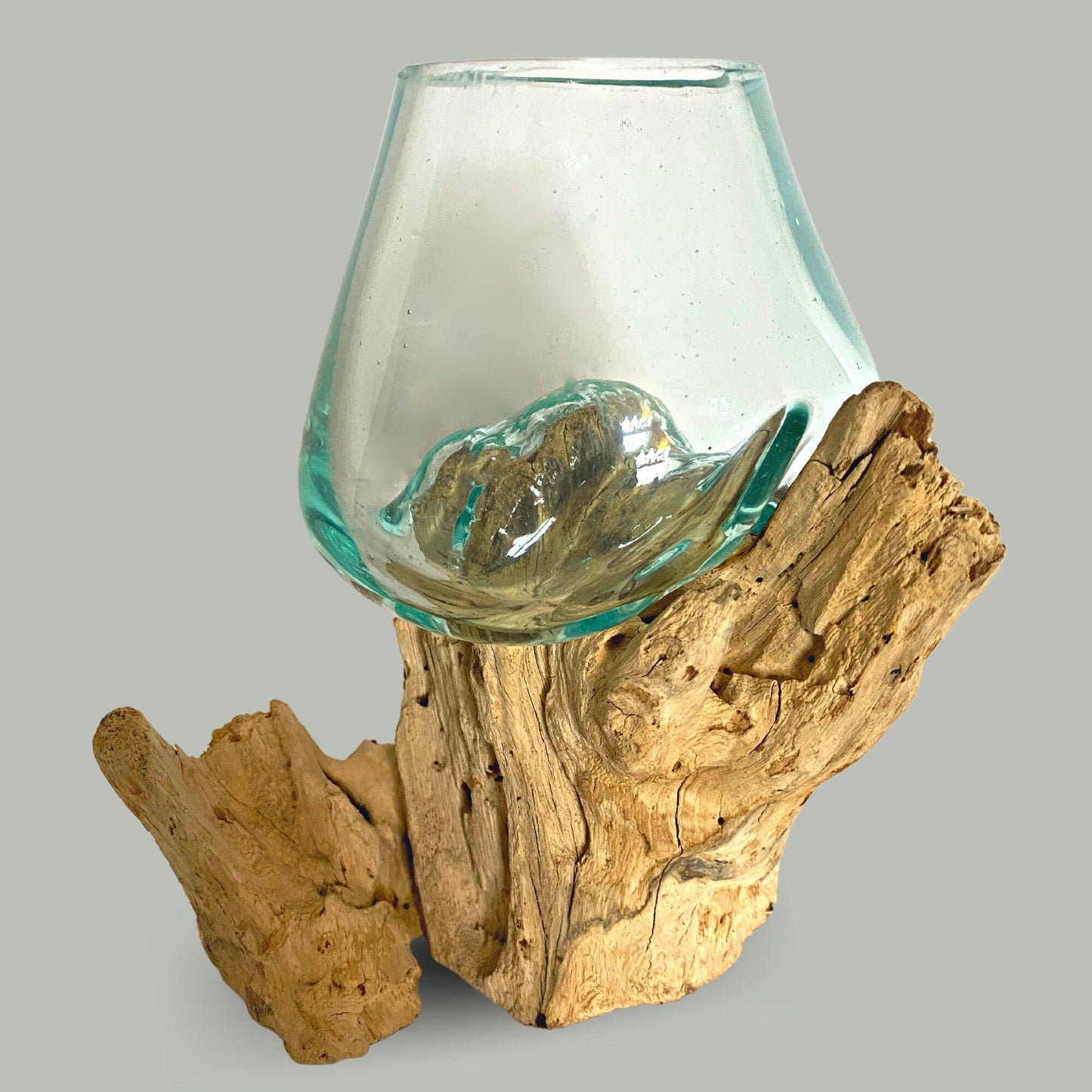 Hand Blown Glass Plant Propagation Vase: Slumped on Reclaimed Teak Wood Base, Balinese Decor
